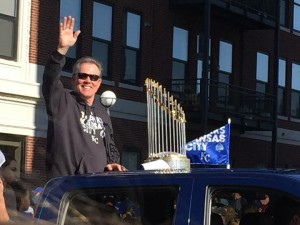 Royals manager Ned Yost and World Series trophy